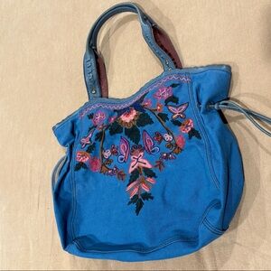 Blue Embroidered Floral Tote Bag